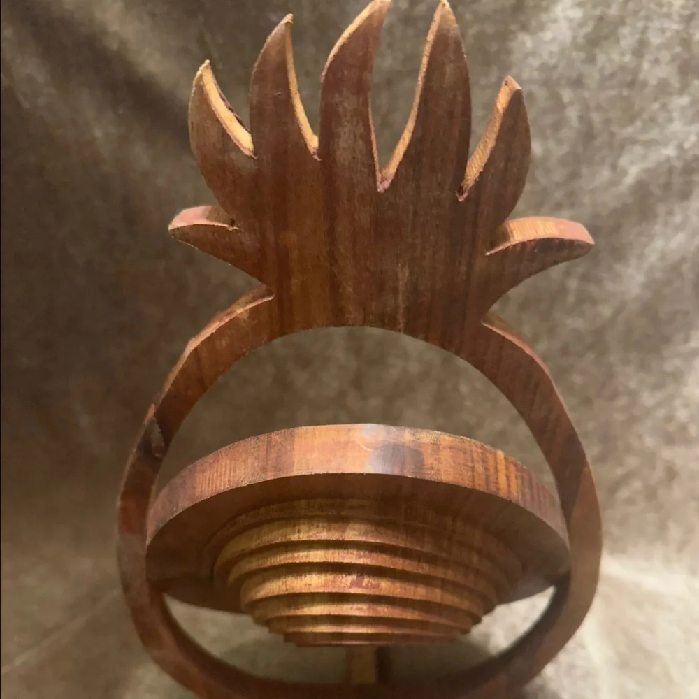 Vintage Collapisble Wood Pineapple Shaped Basket Trivet Centerpiece